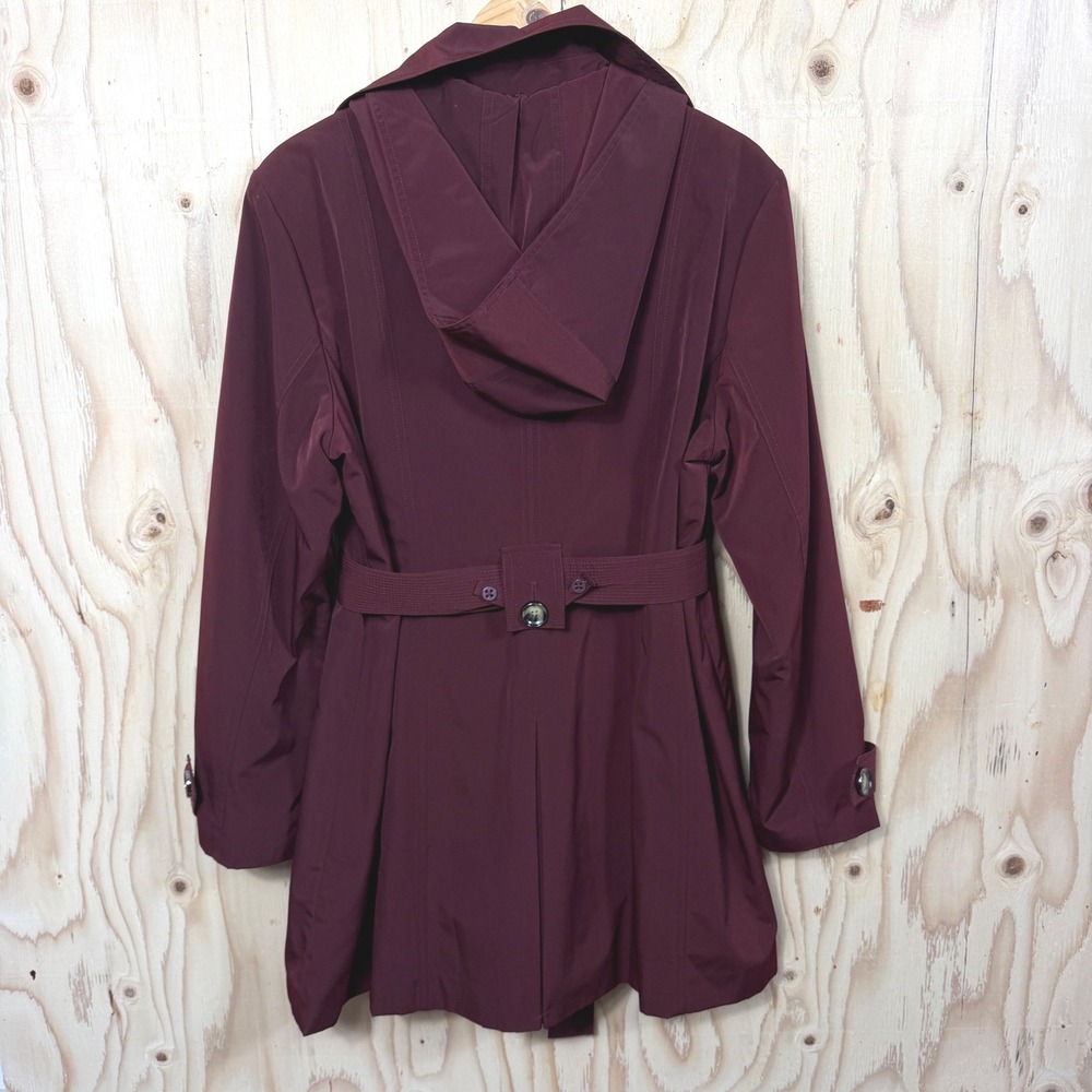 London Fog Trench Coat Womens L Burgundy Lined Belted Detachable Hood Classic - Picture 2 of 8